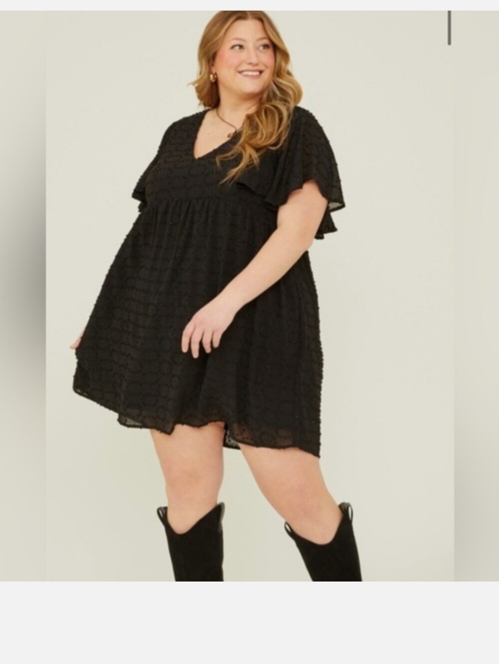 ARULA Black Textured Mini Dress with Flutter Sleeves